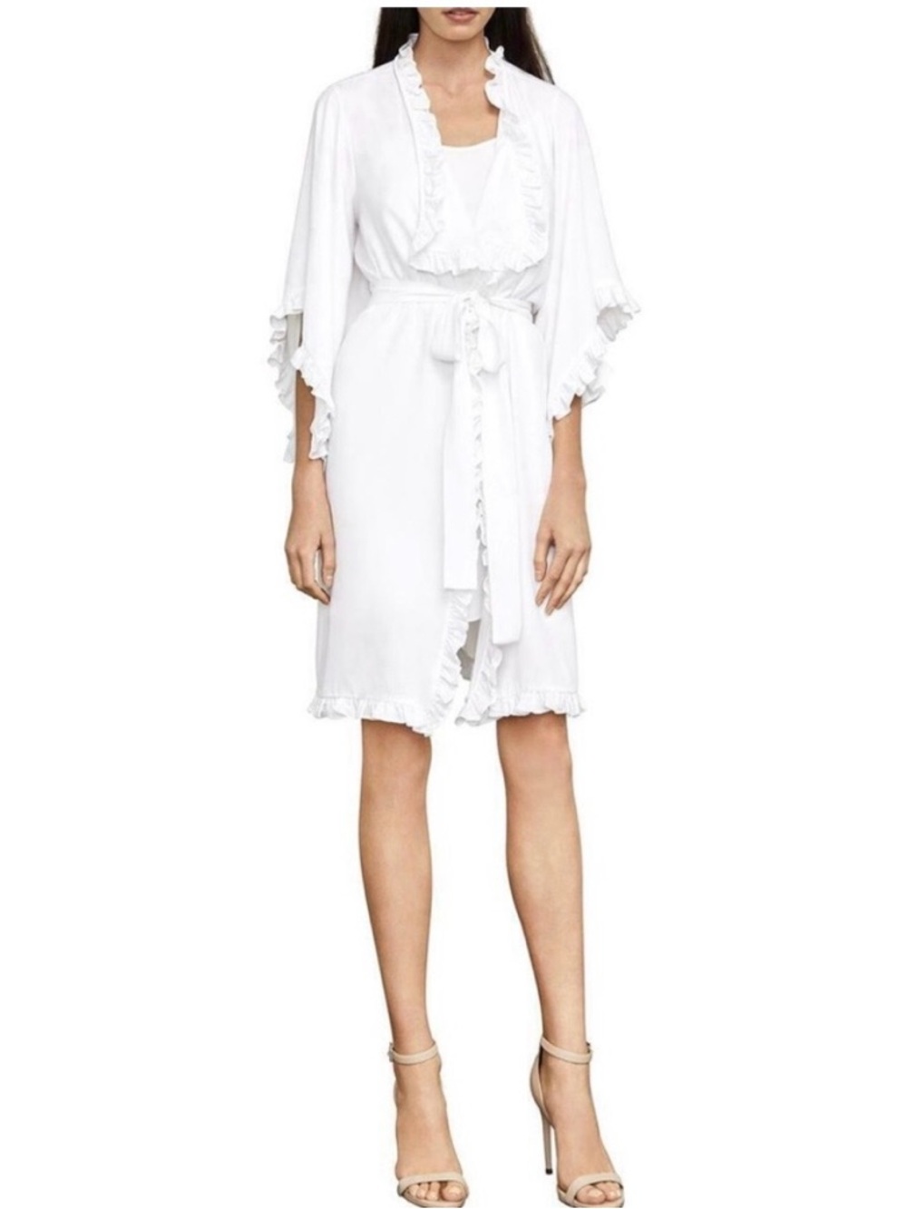 BCBGMaxAzria White Ruffle-Trim Short Robe dress with Tie Waist